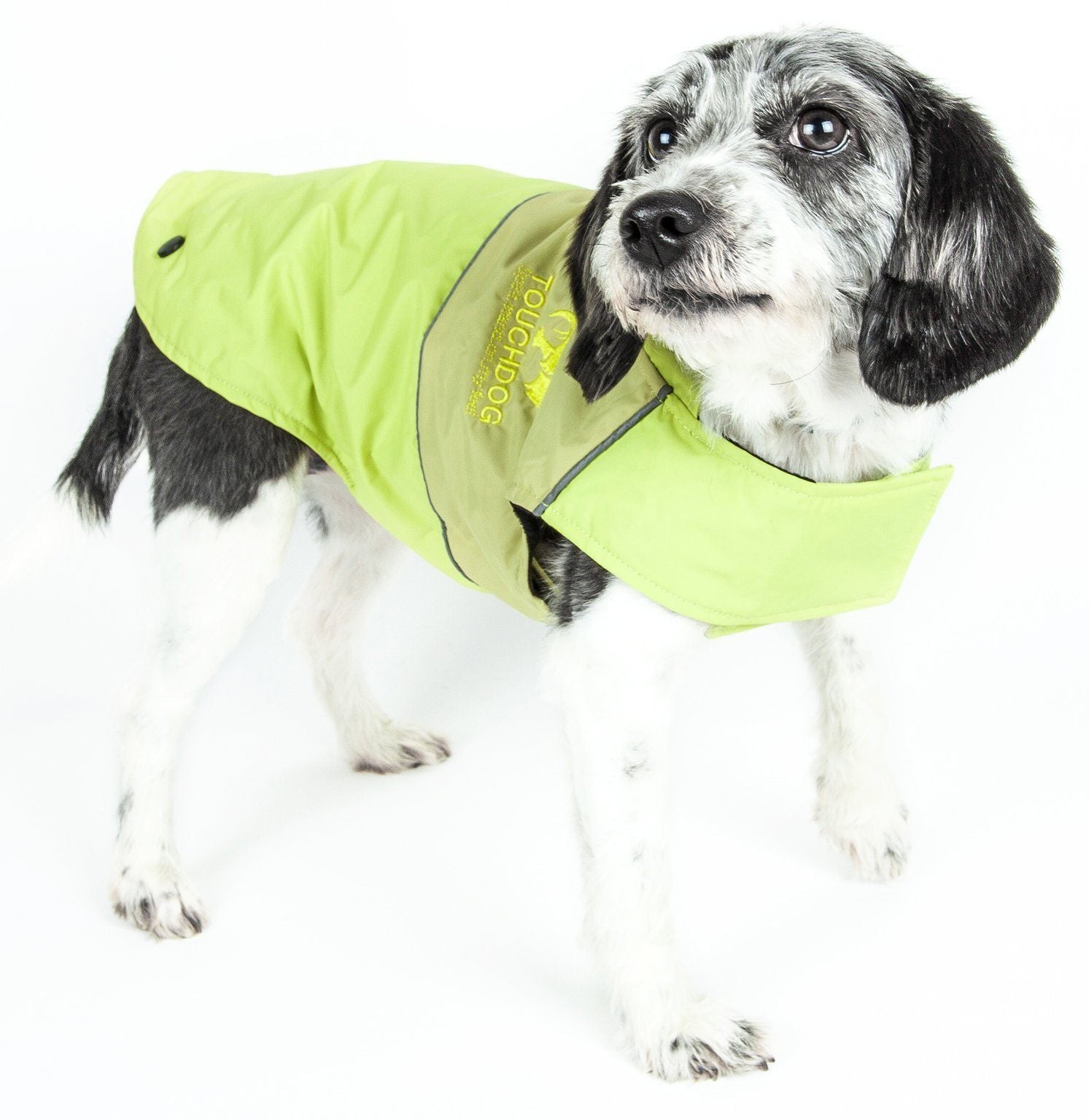 Touchdog Lightening-Shield 2-in-1 waterproof dog jacket with layered design and blackshark technology, suitable for outdoor walks.