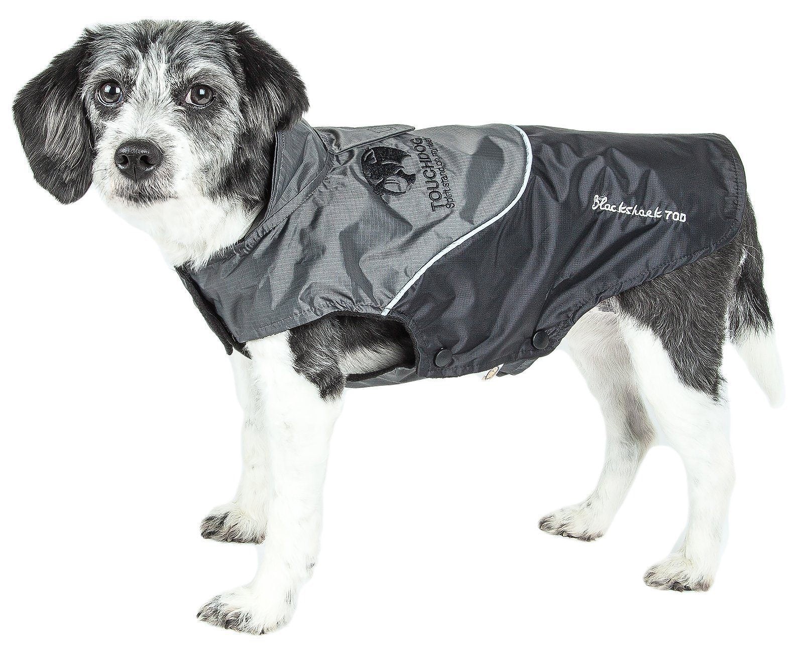 Pet Life Touchdog Lightening-Shield 2-in-1 waterproof dog jacket with layered design and blackshark technology, suitable for outdoor use.