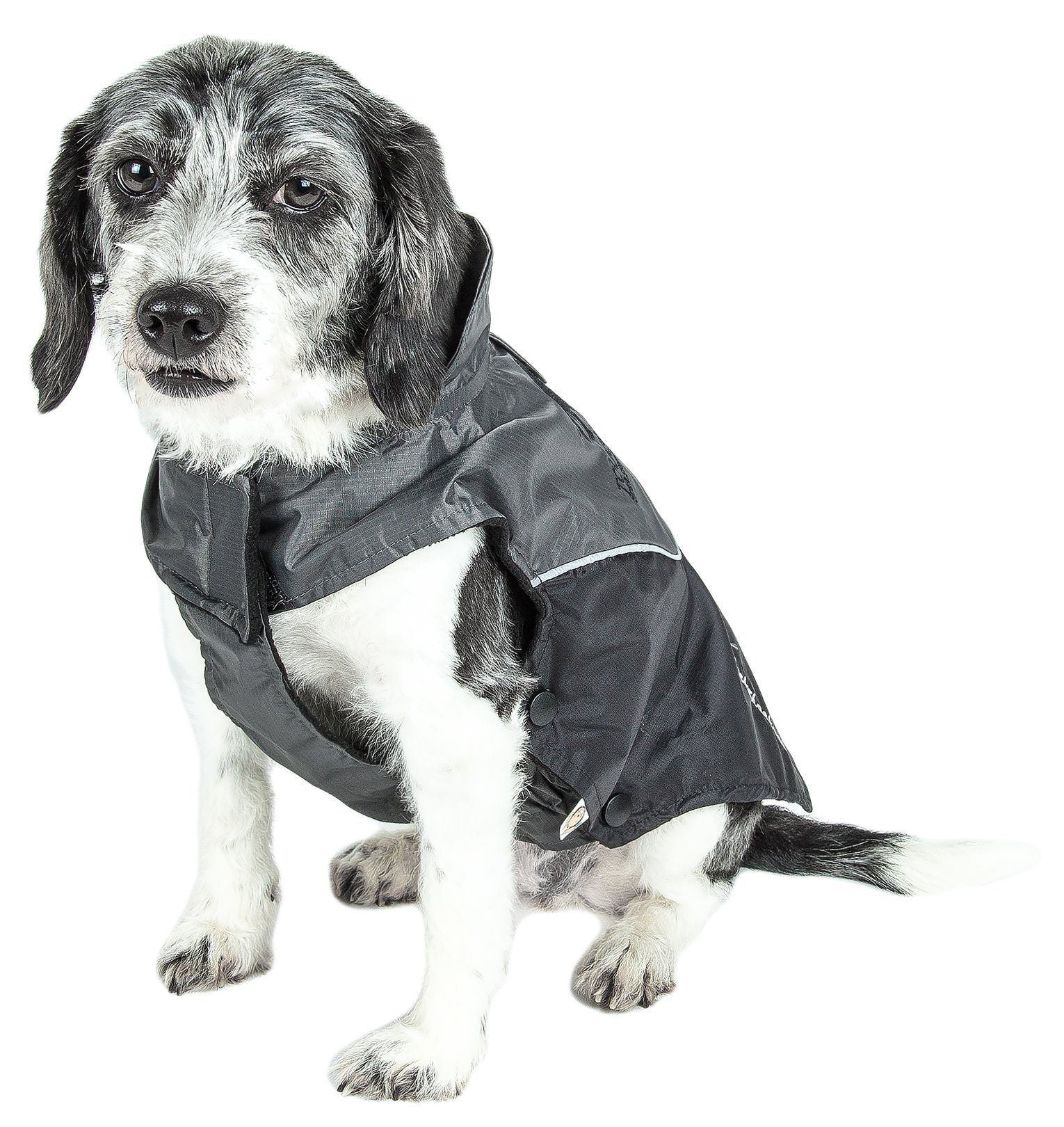 Pet Life Touchdog Lightening-Shield 2-in-1 waterproof dog jacket with removable layers, black shark technology, for versatile outdoor wear.