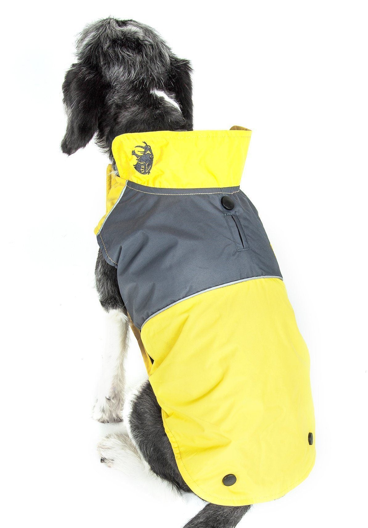 Touchdog Lightening-Shield 2-in-1 waterproof dog jacket with black shark technology, layered and convertible for outdoor protection.