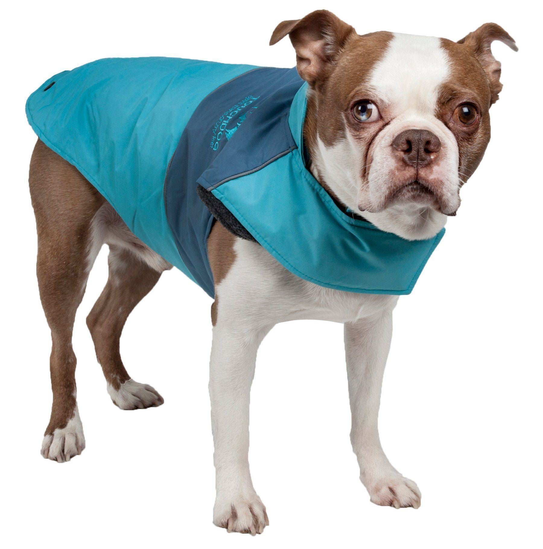 Pet Life Touchdog Lightening-Shield waterproof 2-in-1 convertible dog jacket with blackshark technology, layered and removable for outdoor protection.