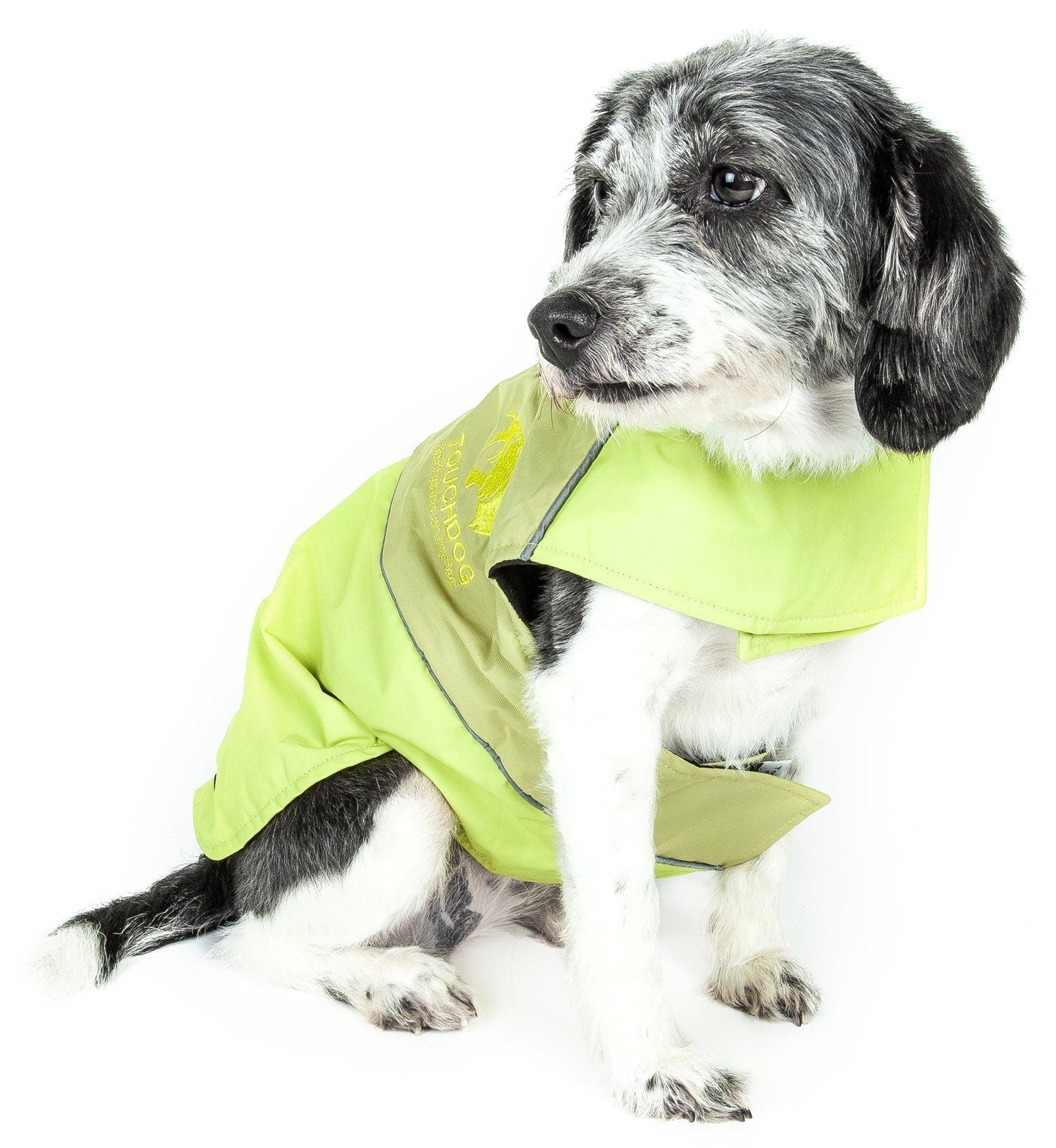 Touchdog Lightening-Shield 2-in-1 waterproof dog jacket with removable layers, featuring black shark technology for pet durability.