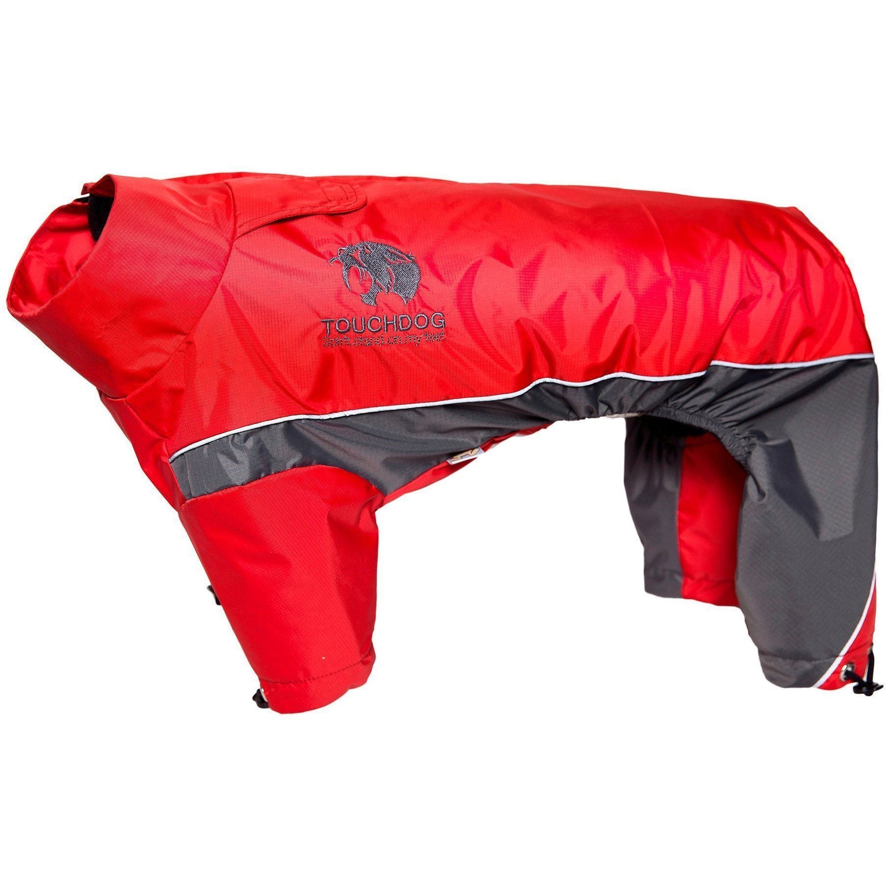 Black adjustable full-body winter dog jacket by Touchdog, featuring reflective details and innovative shark technology.