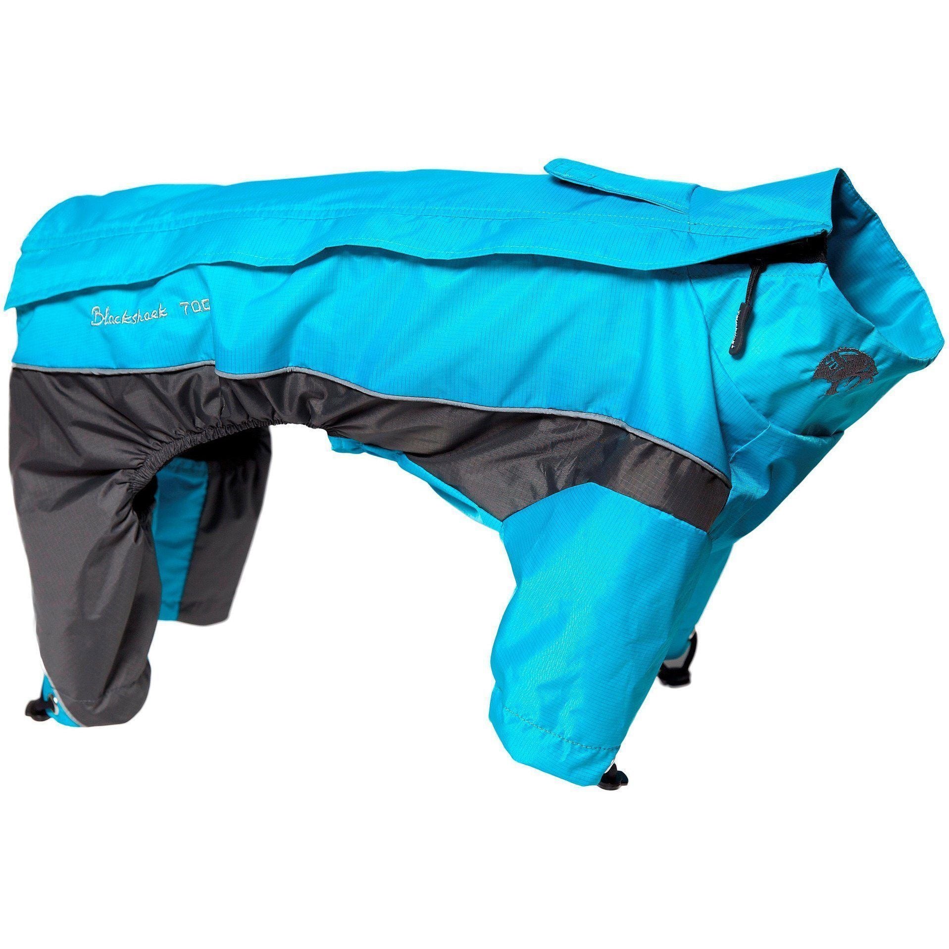 Black full-body winter dog jacket by Touchdog, featuring adjustable fit and reflective details for visibility.