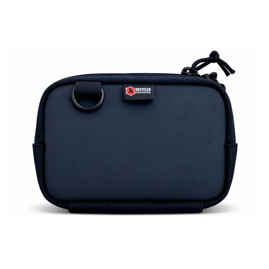 Recycled Firefighter TrailHound Fanny Pack Boot Leather Edition in black with adjustable strap and multiple storage compartments.