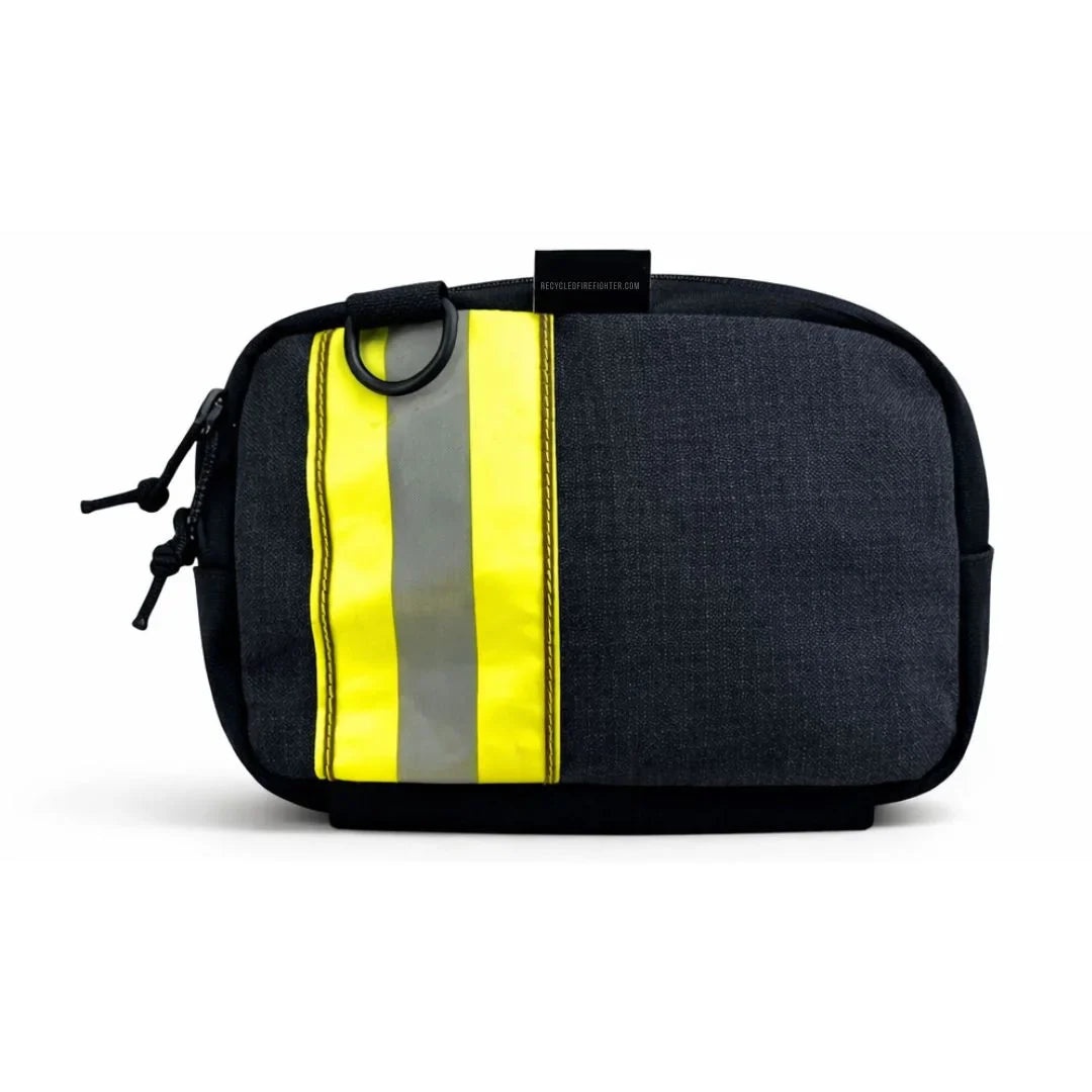 Recycled Firefighter TrailHound Fanny Pack Bunker Gear Edition with adjustable strap and multiple compartments for outdoor activities.