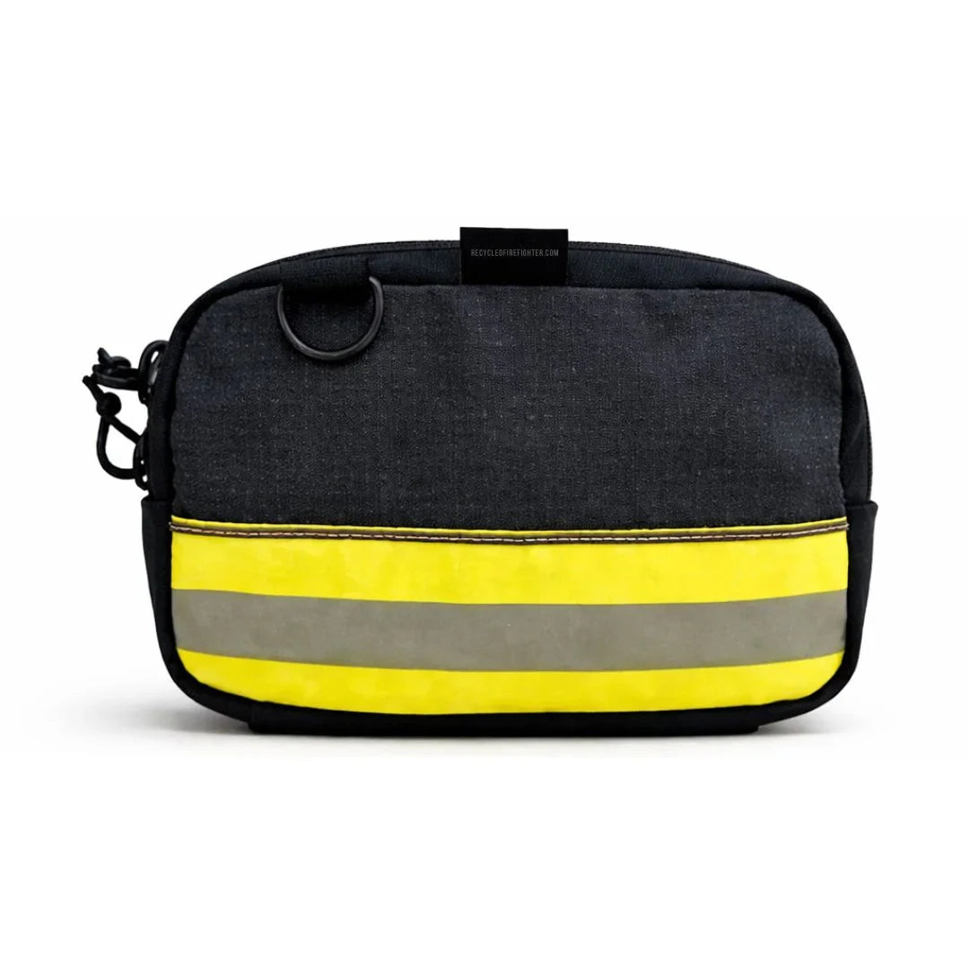 Recycled Firefighter TrailHound Fanny Pack Bunker Gear Edition with vintage safety stripe in black, durable outdoor accessory.