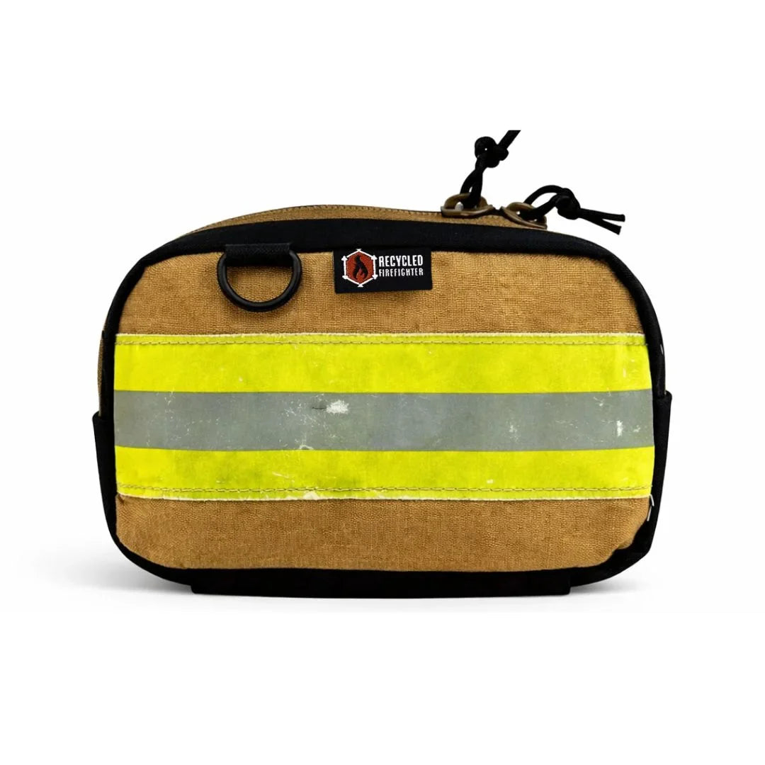 Recycled Firefighter TrailHound Fanny Pack Bunker Gear Edition with vintage safety stripe in brown, designed for outdoor activities.
