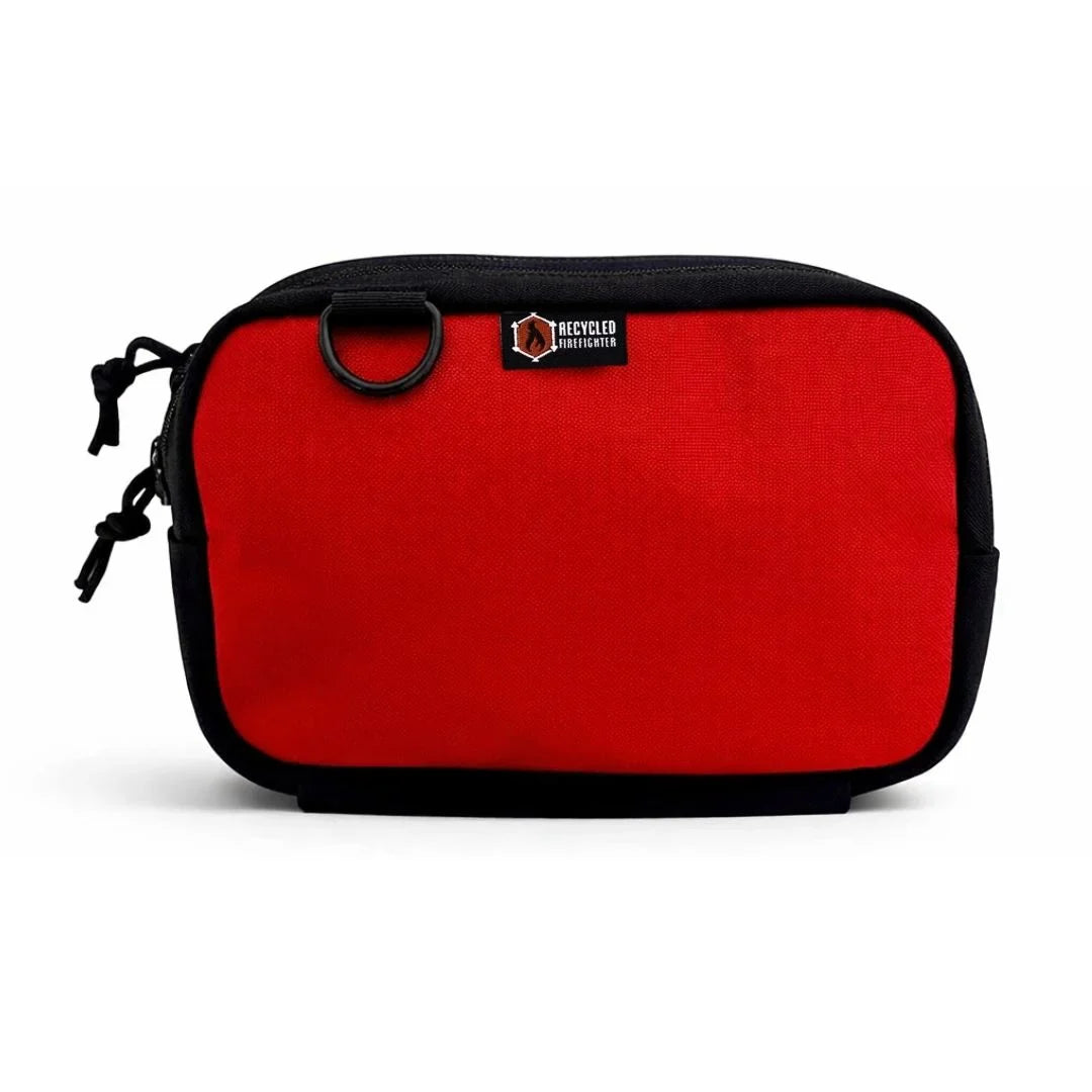 Red TrailHound Fanny Pack by Recycled Firefighter in durable Cordura 1000D fabric, adjustable strap and multiple storage compartments.