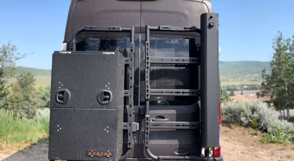 Avatar Offroad Massif Van Rear Door Storage Mount system installed on a transit van, showcasing durable mounting hardware for organized cargo.