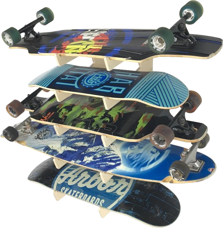 Transparent skateboard wall rack by Rado Racks for displaying and organizing skateboards in a sleek, modern style.