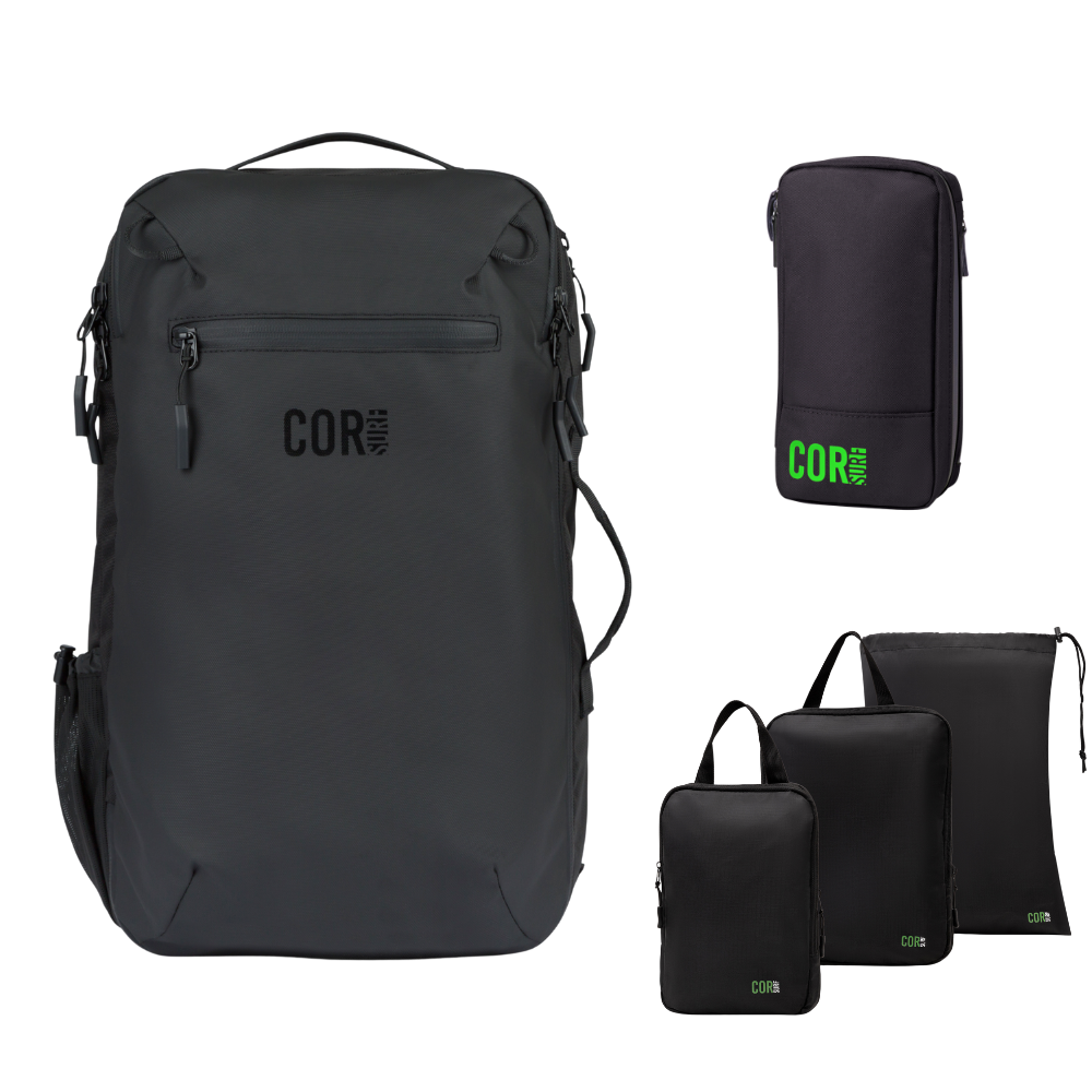COR Surf Island Hopper travel backpack bundle with packing cube, toiletry kit, and Dopp bag in black for organized packing.