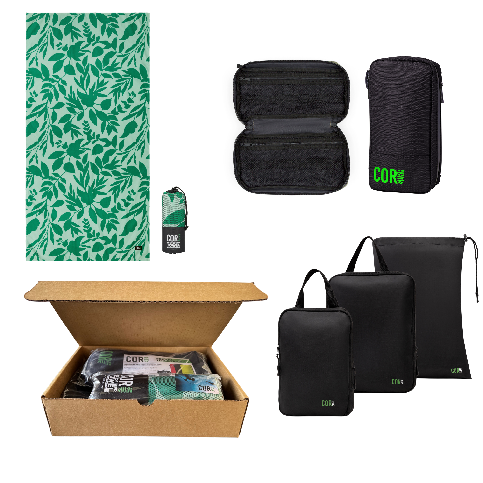 COR Surf travel bundle gift box with assorted items for men and women, perfect for beach trips and travel adventures.