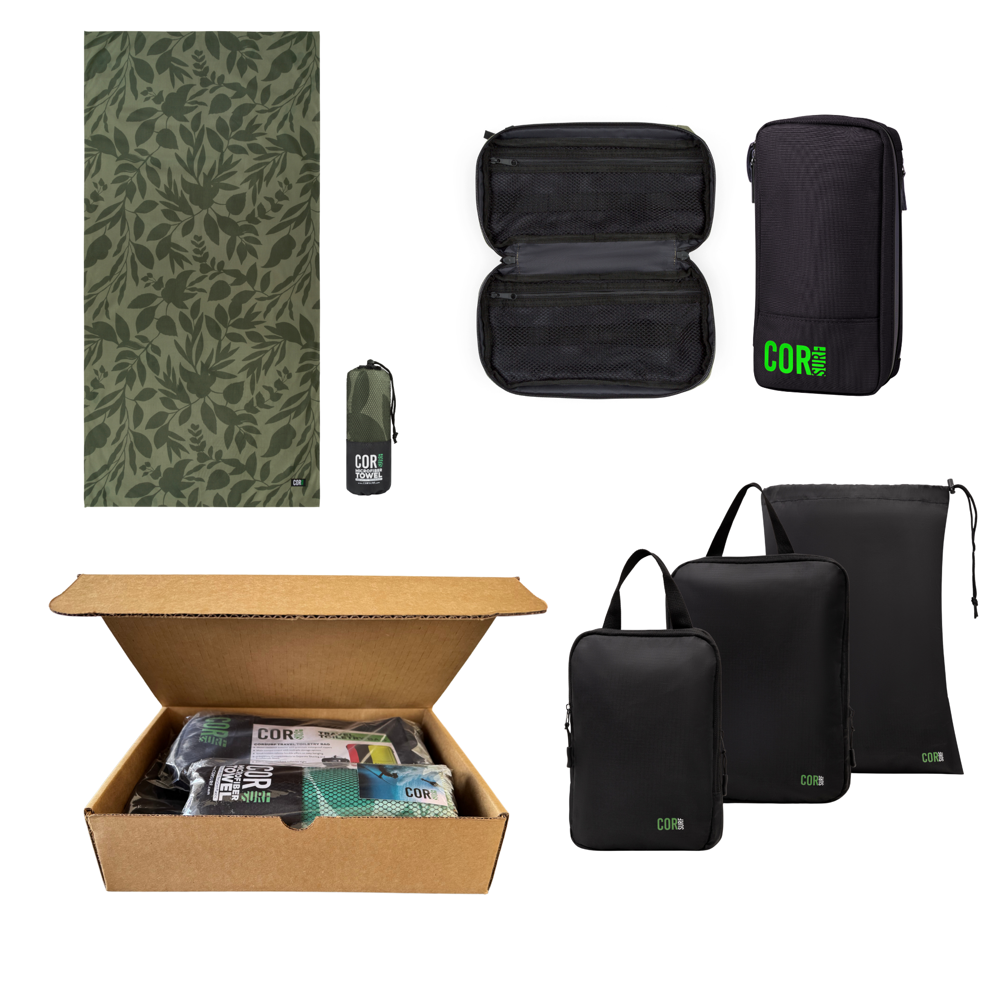 COR Surf travel bundle gift box with assorted travel accessories for men and women, featuring a stylish Kona-themed design.
