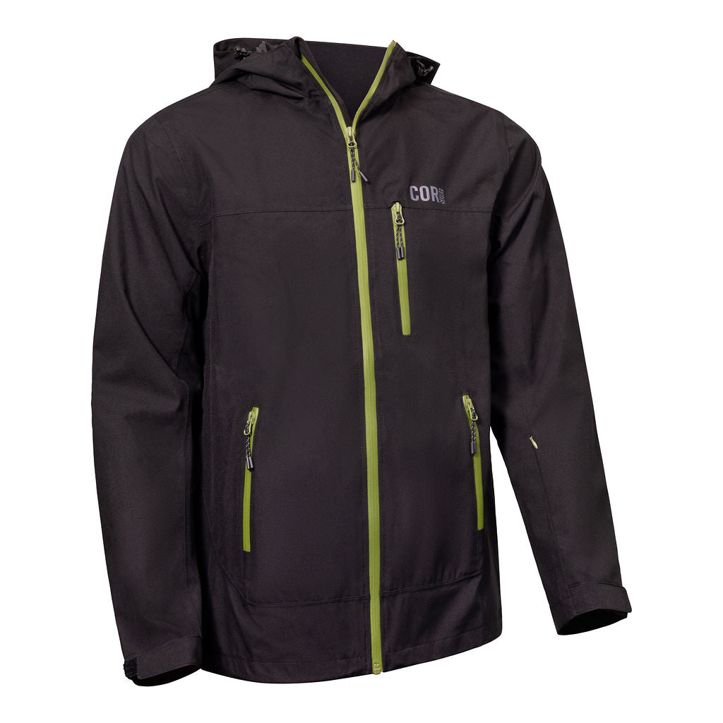 Unisex black and green COR Surf Huakai Travel Rain Jacket displayed flat, showcasing its lightweight waterproof design and adjustable hood.
