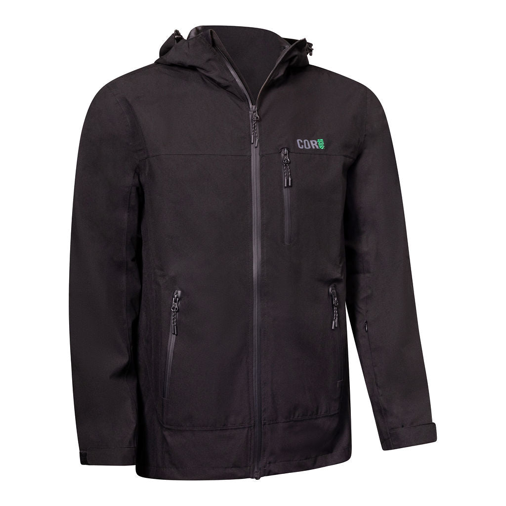 Black Huakai Travel Rain Jacket by COR Surf, unisex waterproof outdoor apparel with a hood and adjustable cuffs.