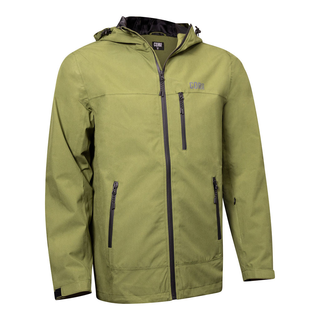 Green COR Surf Huakai Travel Rain Jacket, unisex waterproof outerwear with adjustable hood and lightweight design.