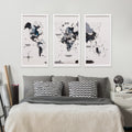 White wooden triptych wall art featuring a detailed world map by Enjoy The Wood, designed for modern home decor.