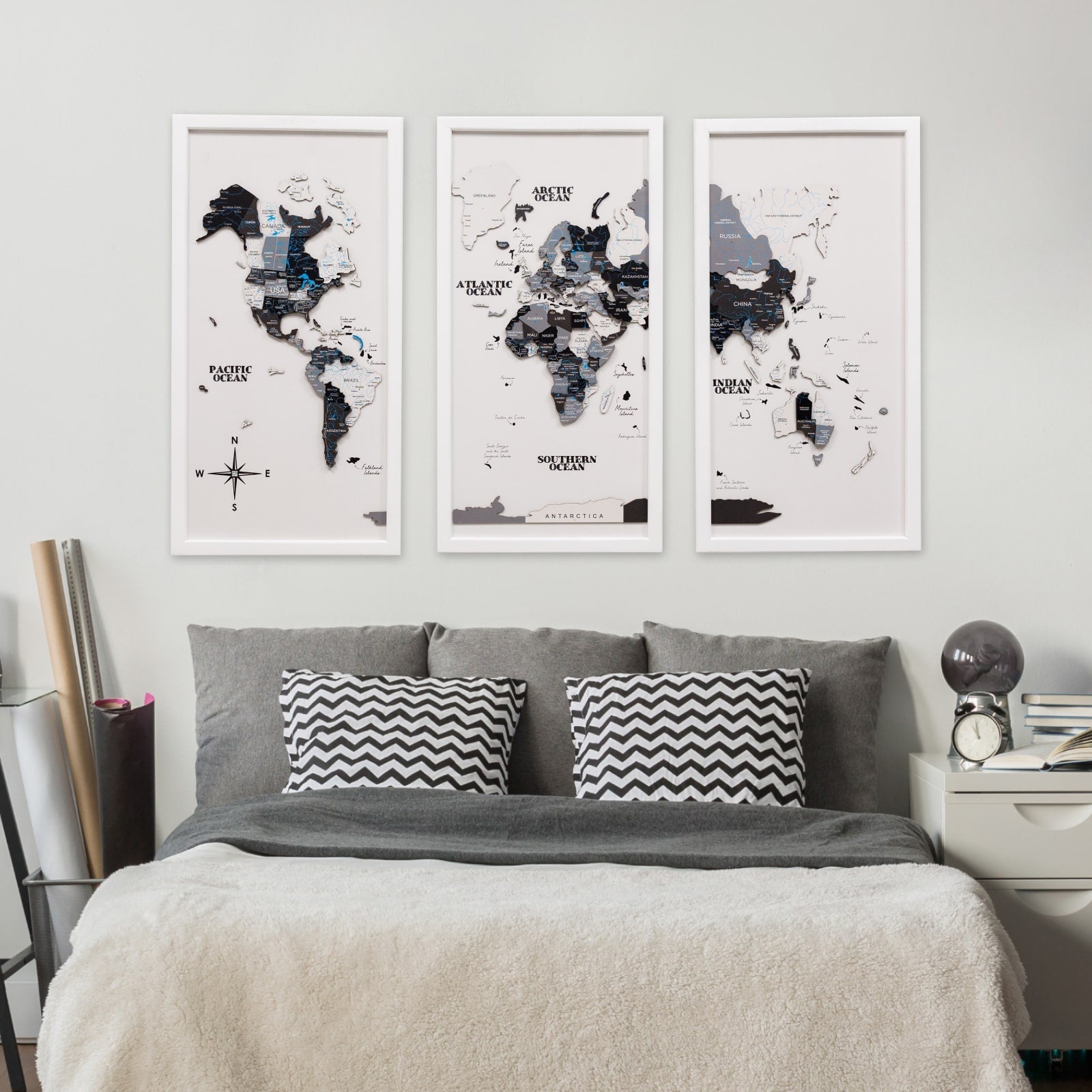 White wooden triptych wall art featuring a detailed world map by Enjoy The Wood, designed for modern home decor.