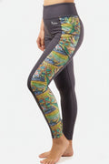 FisheWear Tropical Tarpon Pocket Leggings featuring vibrant tropical fish and palm leaf patterns, perfect for active and casual wear.