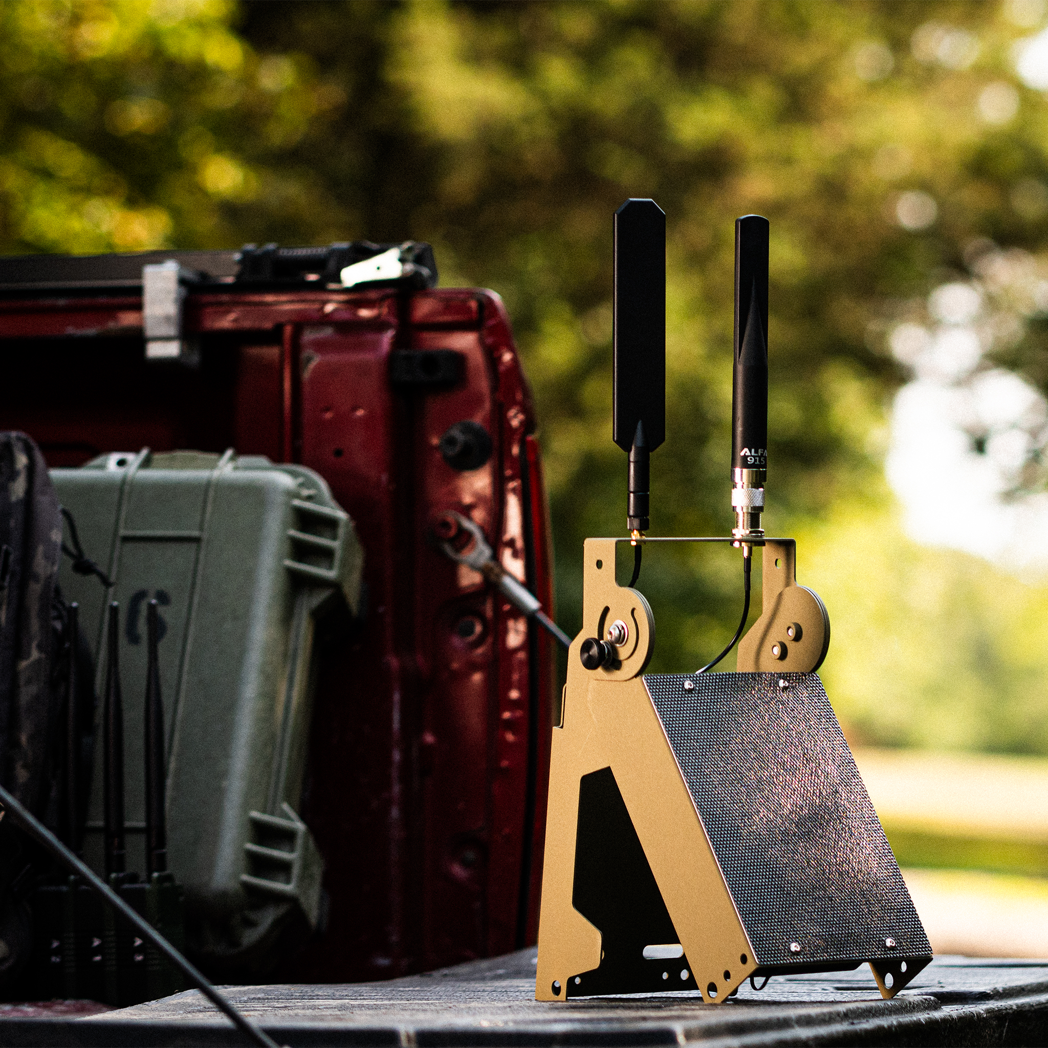 Atlavox Beacon Solar Meshtastic Node radio device mounted on a truck for remote communication and solar-powered messaging.