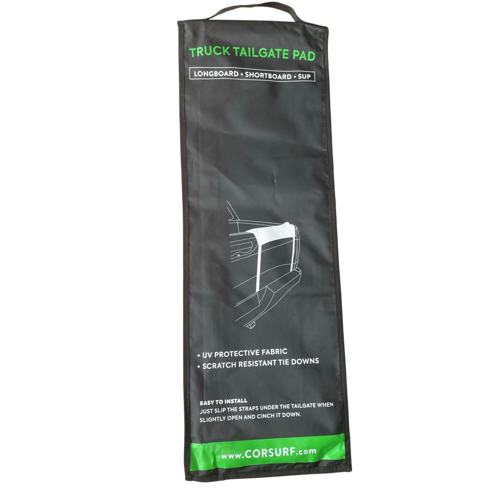 Black COR Surf tailgate truck pad for surfboards and paddleboards, shown with packaging, designed to protect gear during transport.