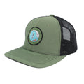 Green COR Surf Stay Covered Trucker Hat with snapback closure, breathable mesh back, and curved brim for outdoor wear.