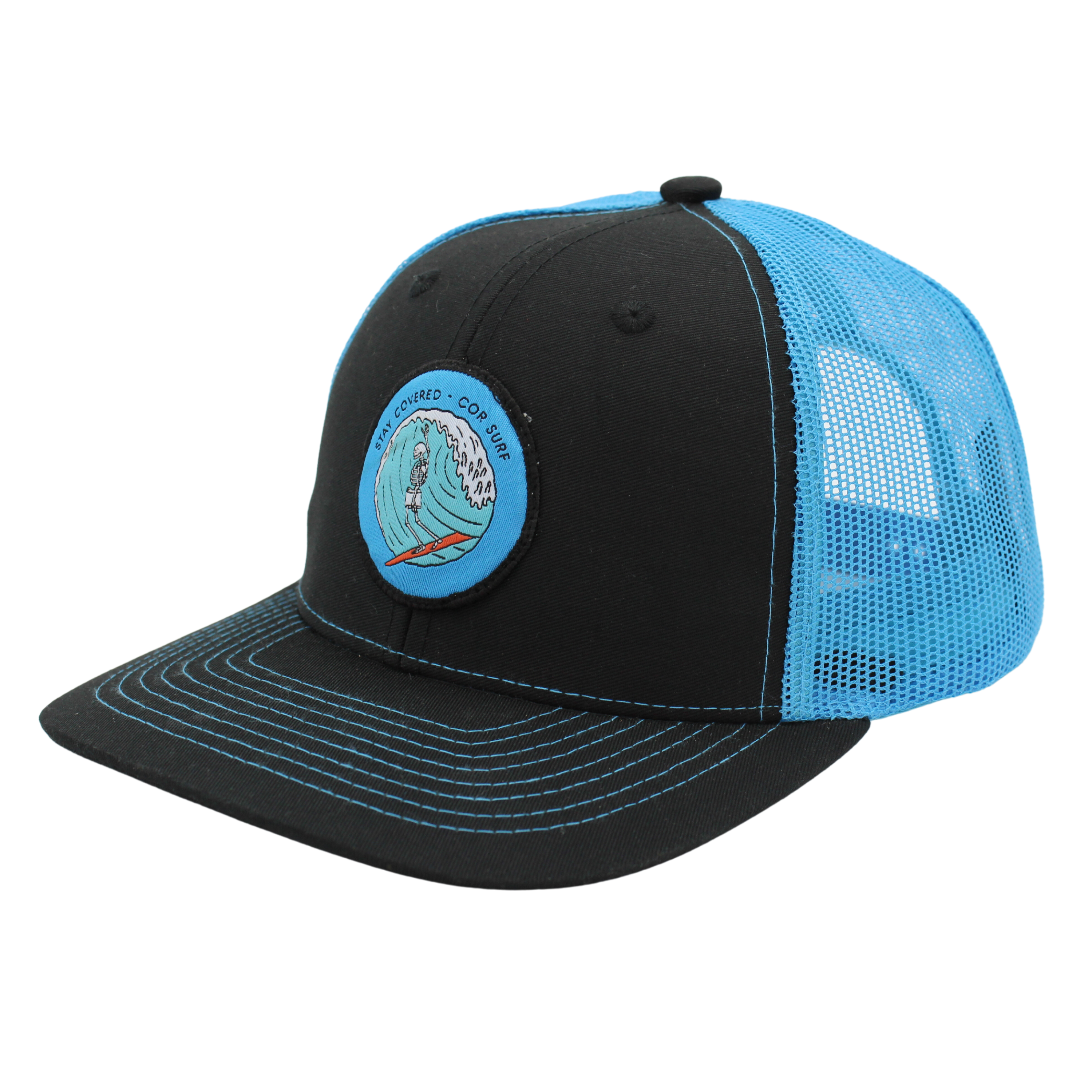 Blue COR Surf Stay Covered Trucker Hat with snapback closure and mesh back for a casual, stylish look.