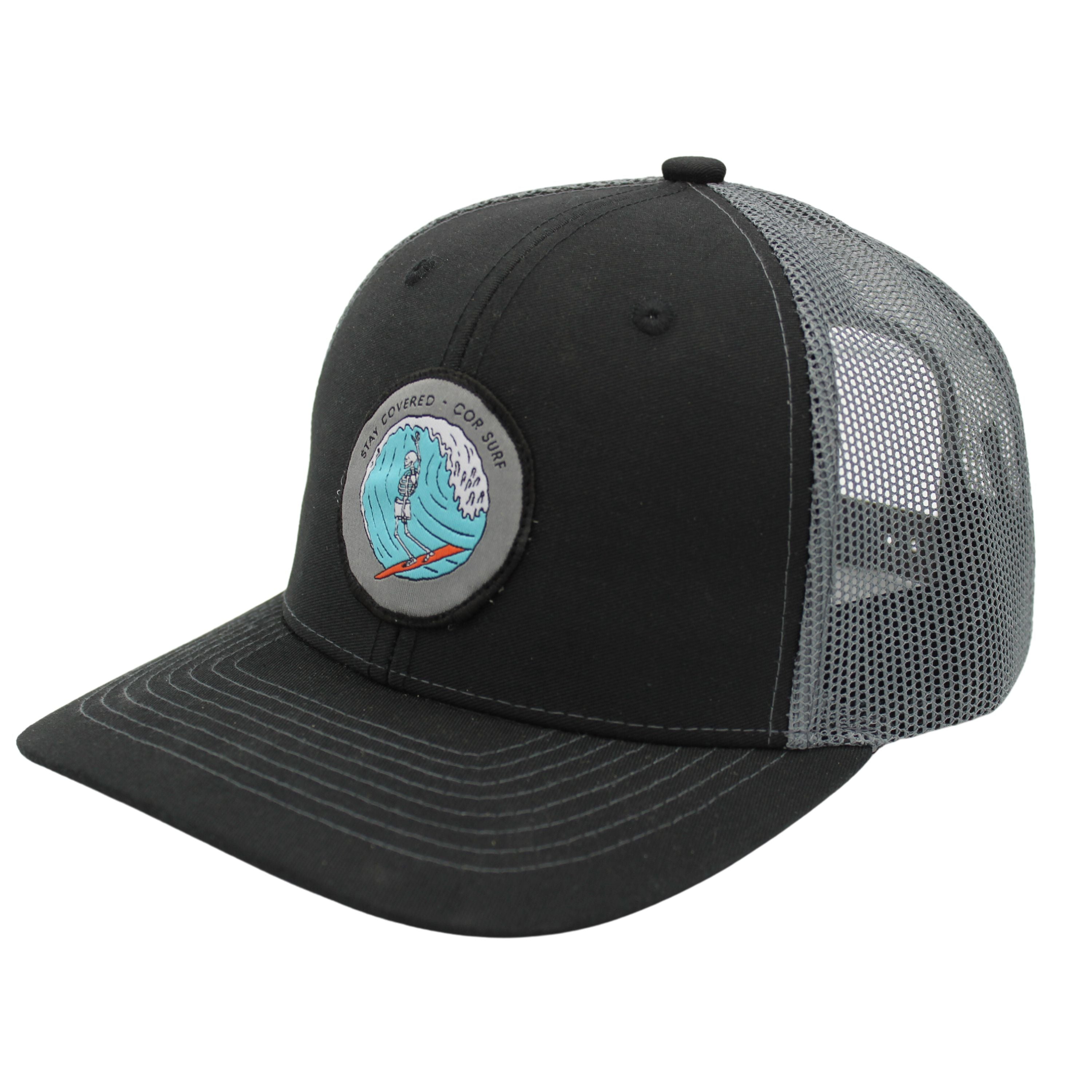 Grey COR Surf Stay Covered Trucker Hat with adjustable snapback closure, casual baseball cap with mesh back for ventilation.