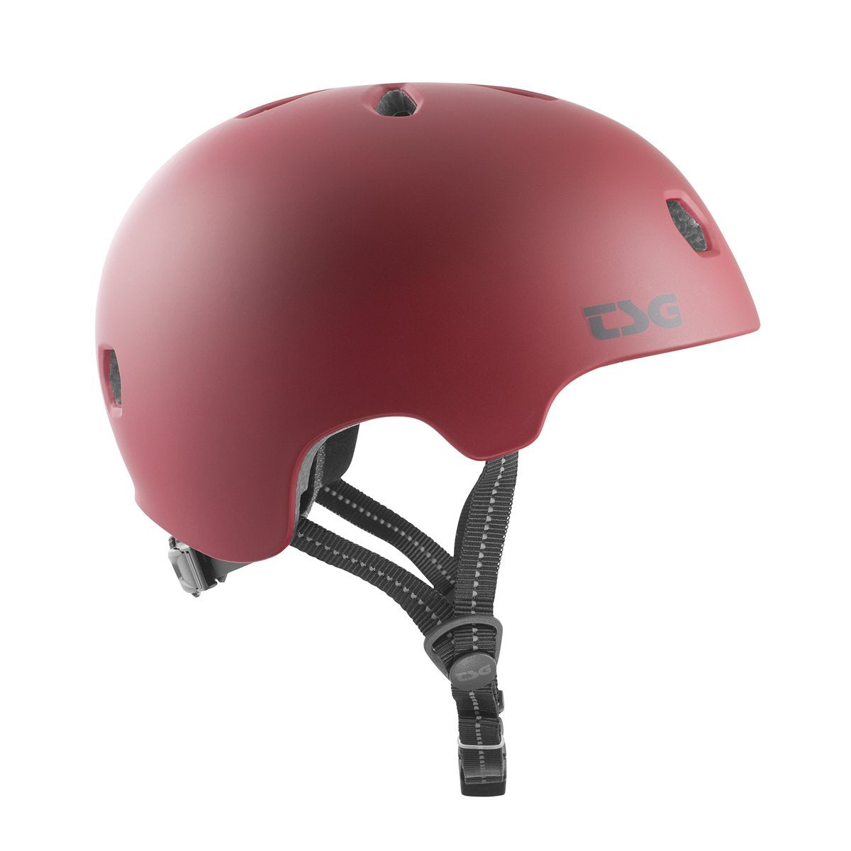 ZEITBIKE TSG Meta helmet in satin oxblood finish, showcasing a sleek, protective helmet with adjustable straps and ventilation.