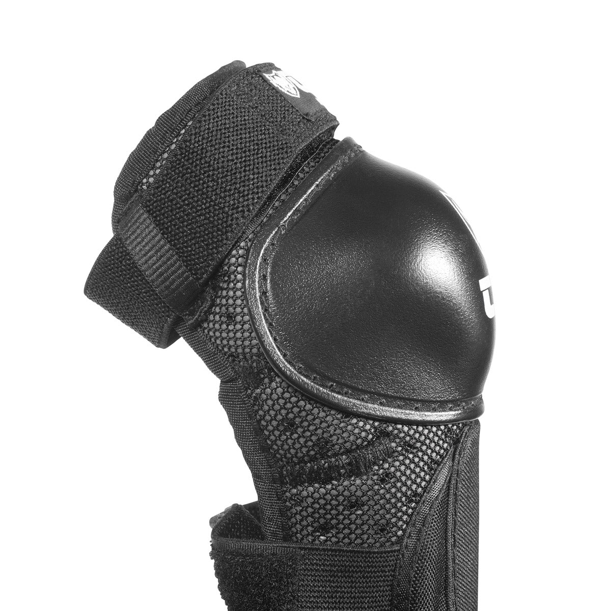 Black TSG Youth Elbow Protective Pad by ZEITBIKE, close-up showing padded armor and adjustable strap for youth cyclists.