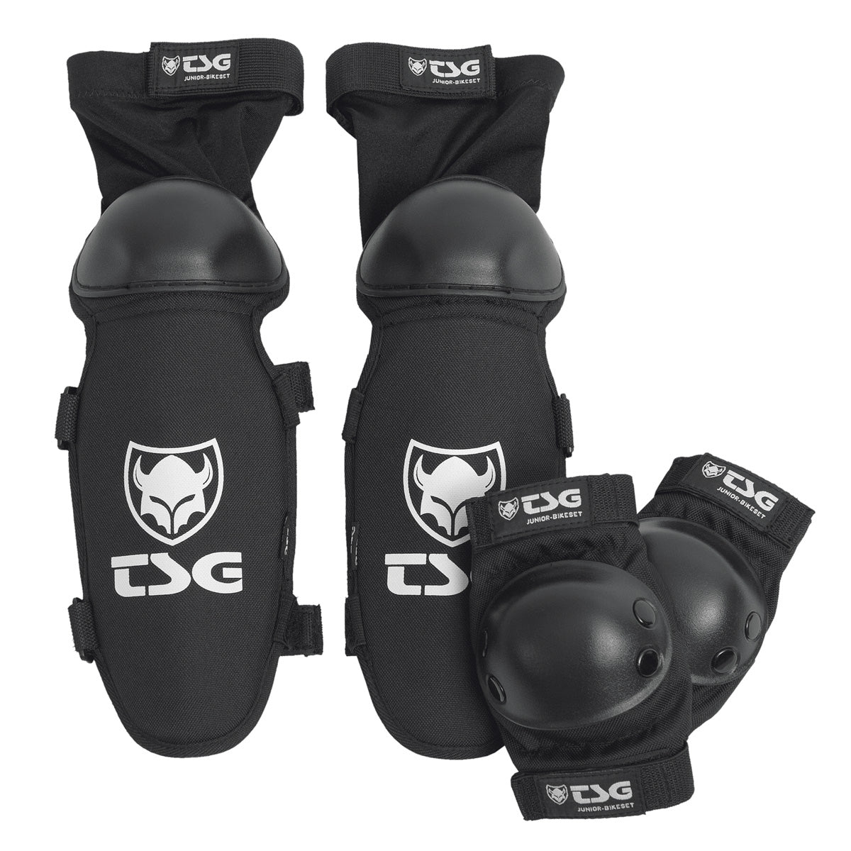 Black TSG Junior Bikeset protective pads from ZEITBIKE, including knee and elbow pads for kids' bike safety.