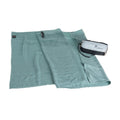 Teal travel towel with a carrying case on a light gray background