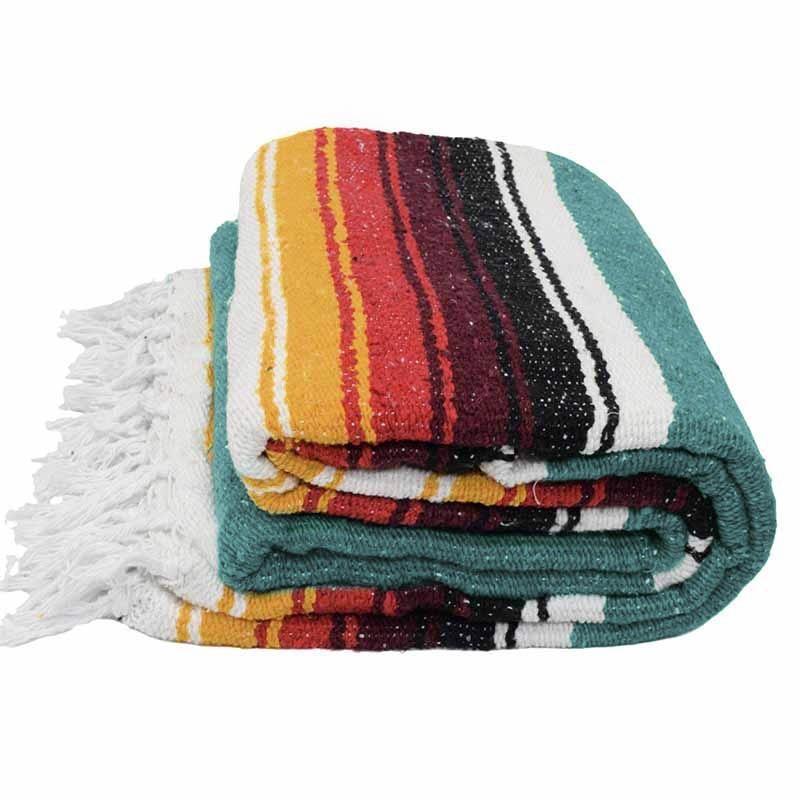 Turquoise Baja Sunset Diamond Yoga Blanket by West Path, vibrant teal Baja blanket with diamond pattern for yoga and meditation sessions.