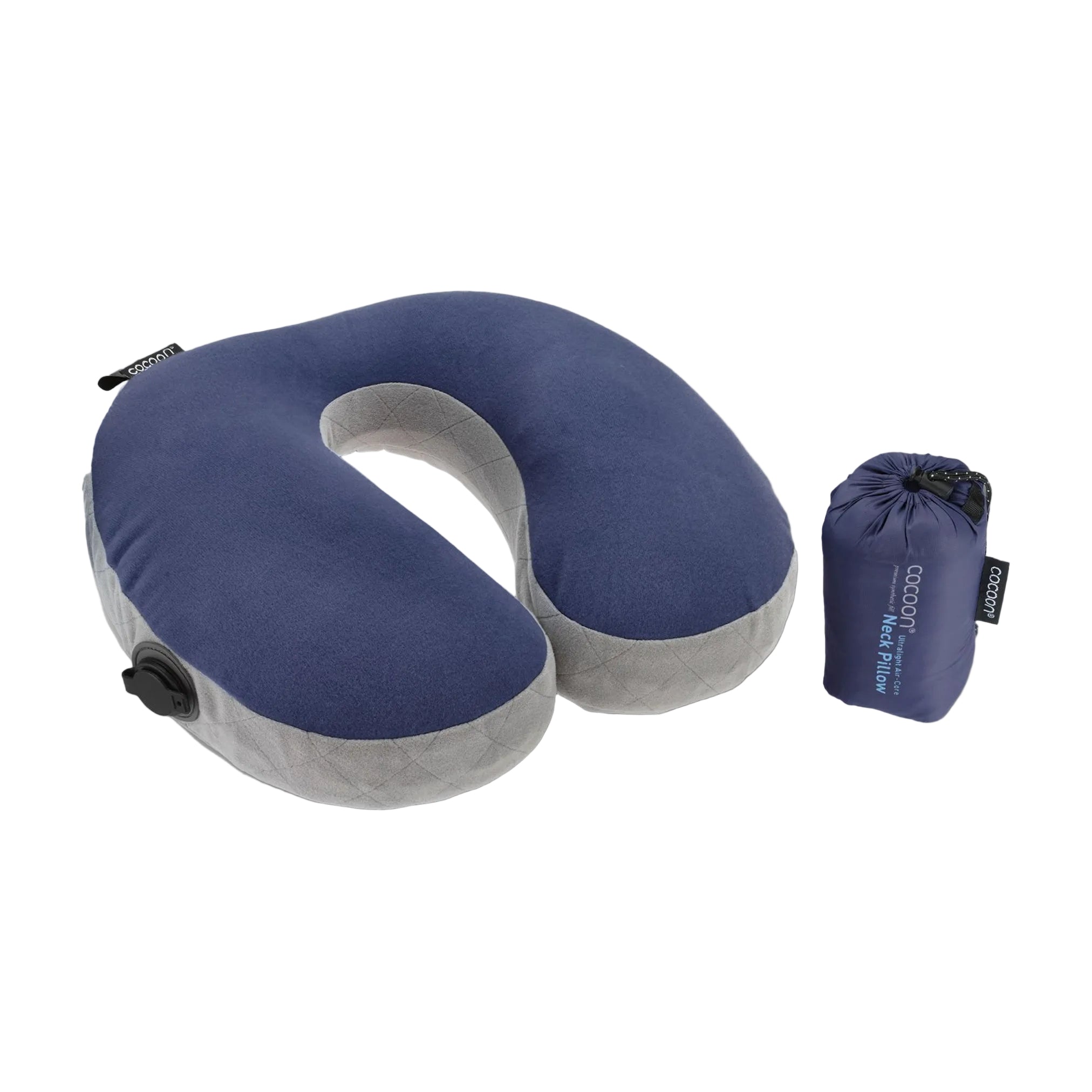 Blue and gray inflatable travel pillow with a carrying pouch on a white background