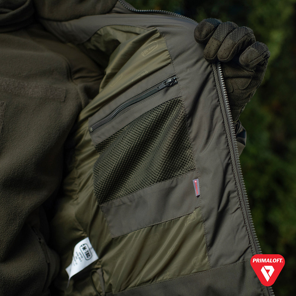 M-Tac Winter Jacket Alpha Gen.IV Pro Primaloft with insulated design, featuring a high collar and multiple pockets for cold weather.