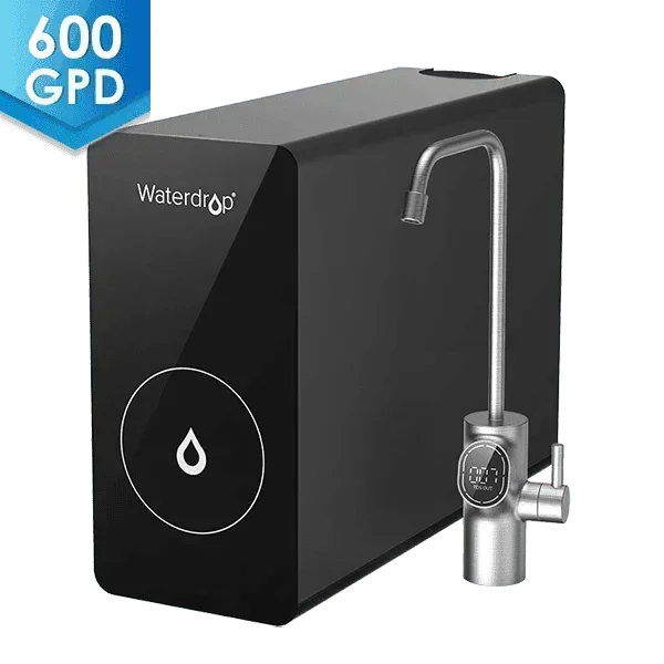 Green Vista Living Waterdrop D6 600GPD under sink reverse osmosis system with filtration components and sleek design.