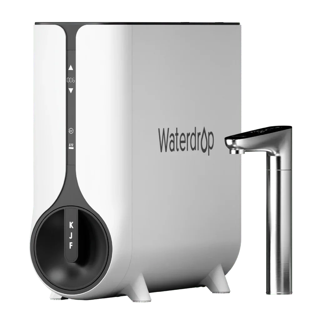 Green Vista Living Waterdrop reverse osmosis system with instant hot water dispenser, model K6, showing the sleek appliance design.