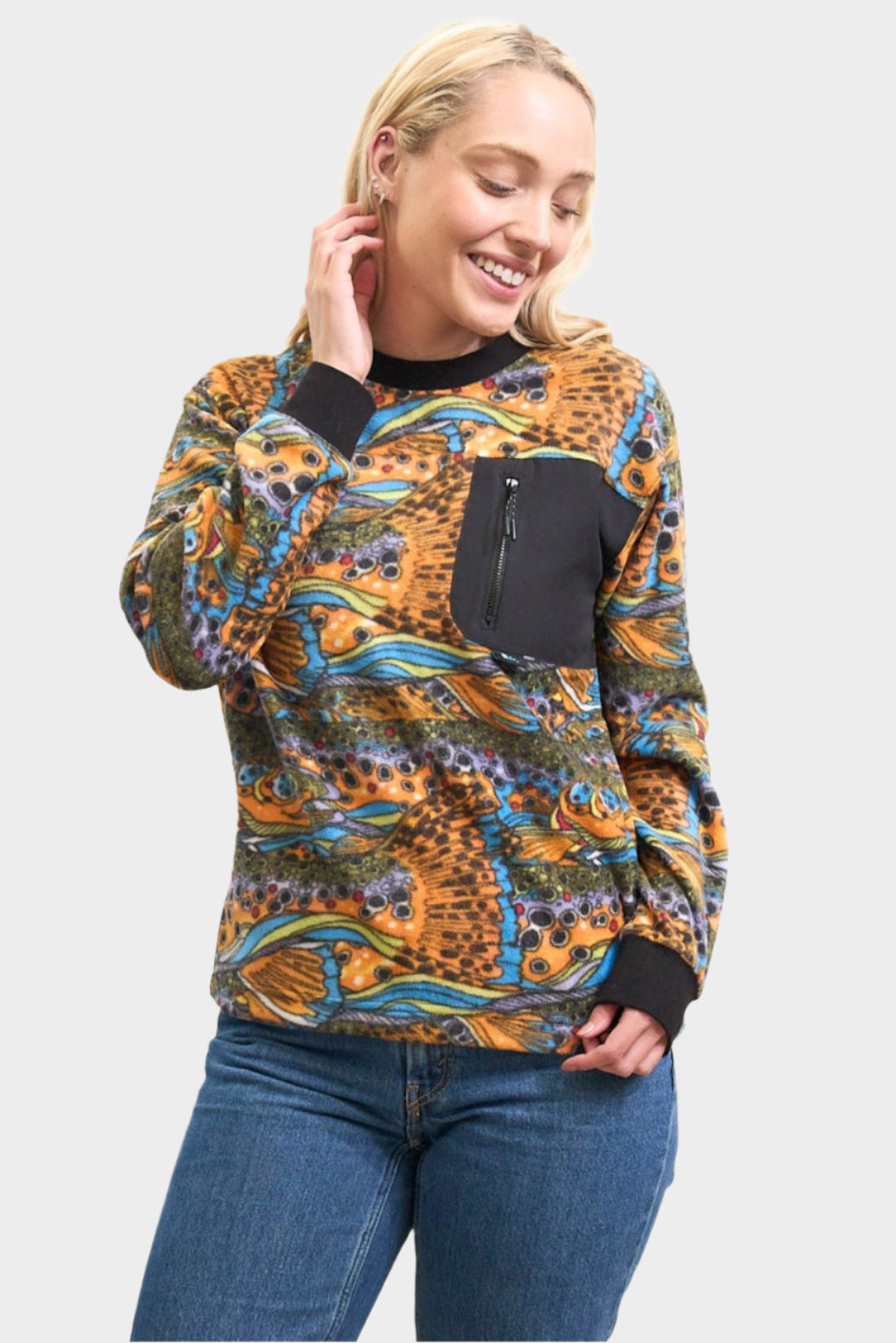 FisheWear Unbound Brown Fleece Crew Neck showing a cozy fleece sweatshirt with a crew neckline and soft brown fabric.