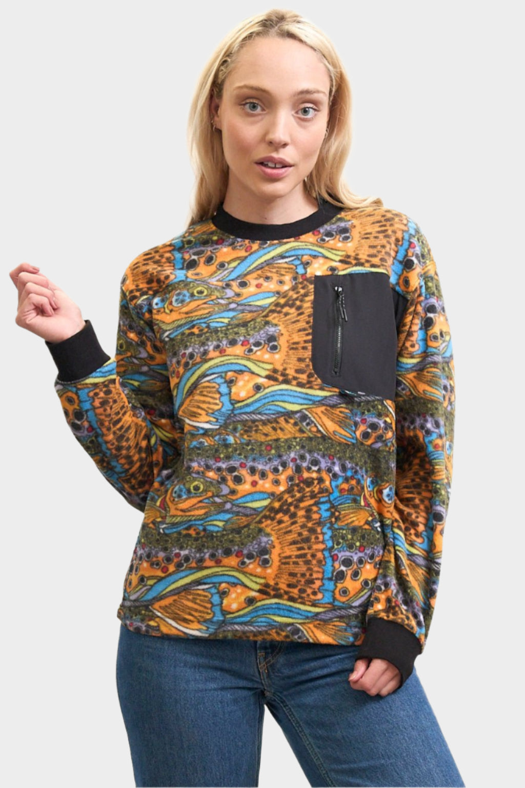 FisheWear Unbound Brown Fleece Crew Neck sweater showing soft fleece fabric and classic crew neckline.
