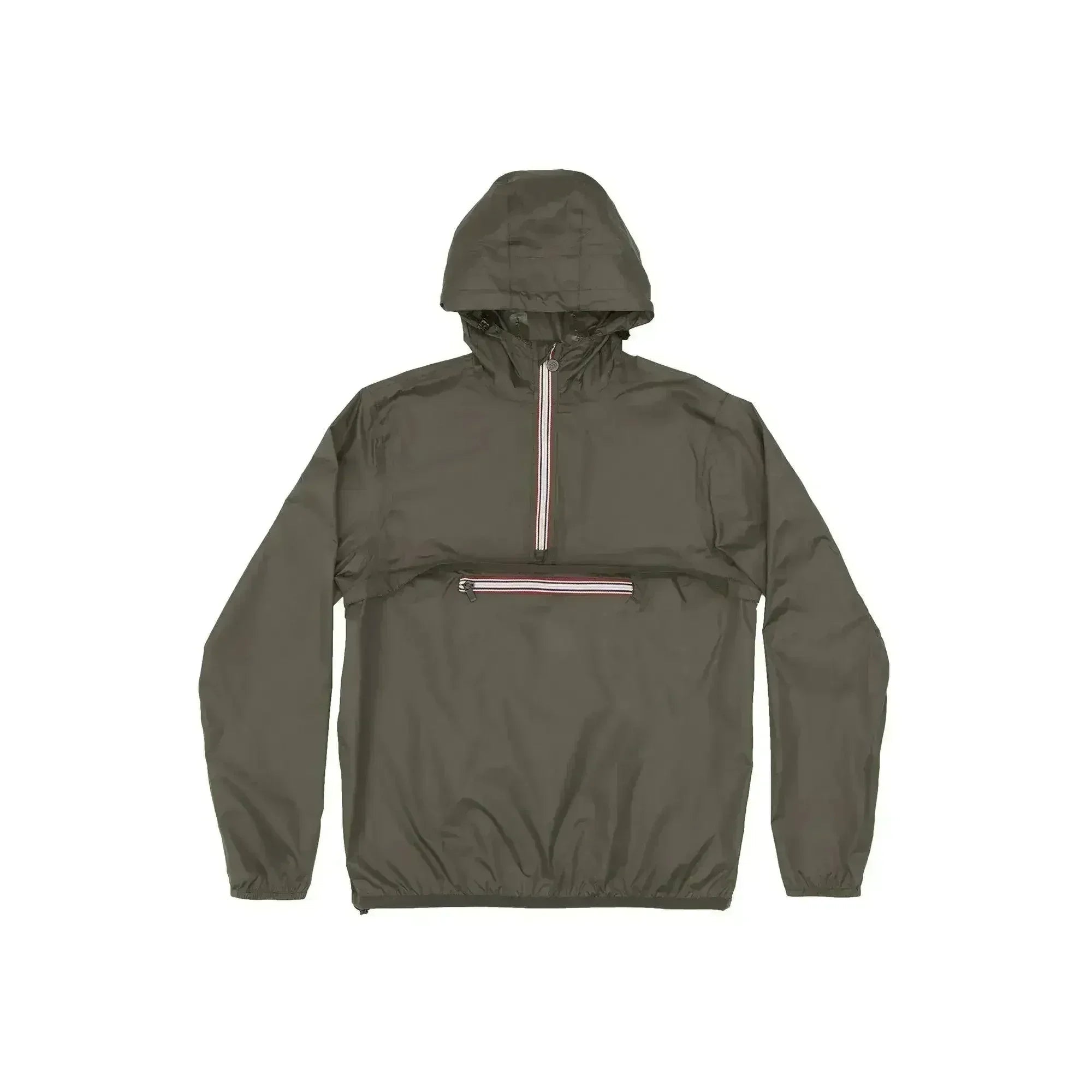 Femstylo Torba quarter zip packable rain jacket in light material, shown laid flat with zipper detail and lightweight design.