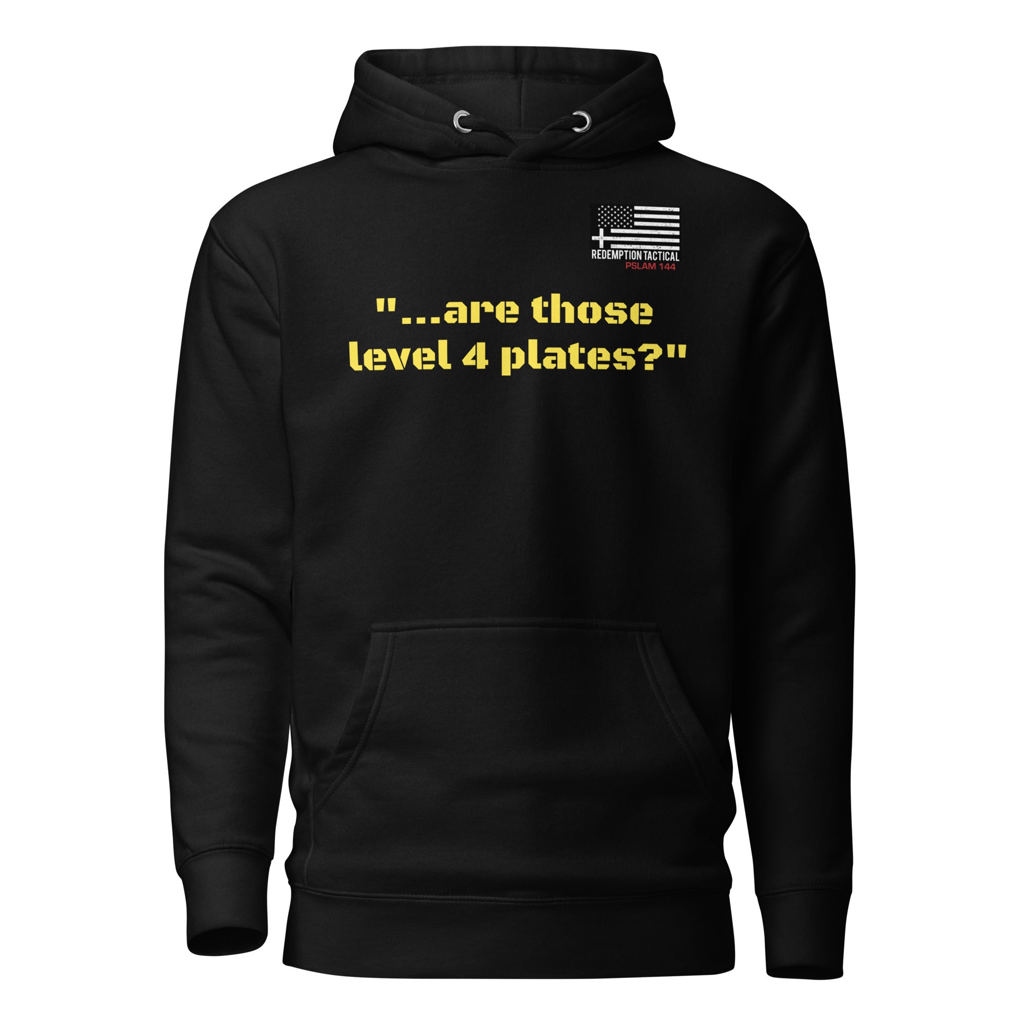 Black unisex Level IV plates hoodie by Redemption Tactical, featuring front design and comfortable fit.