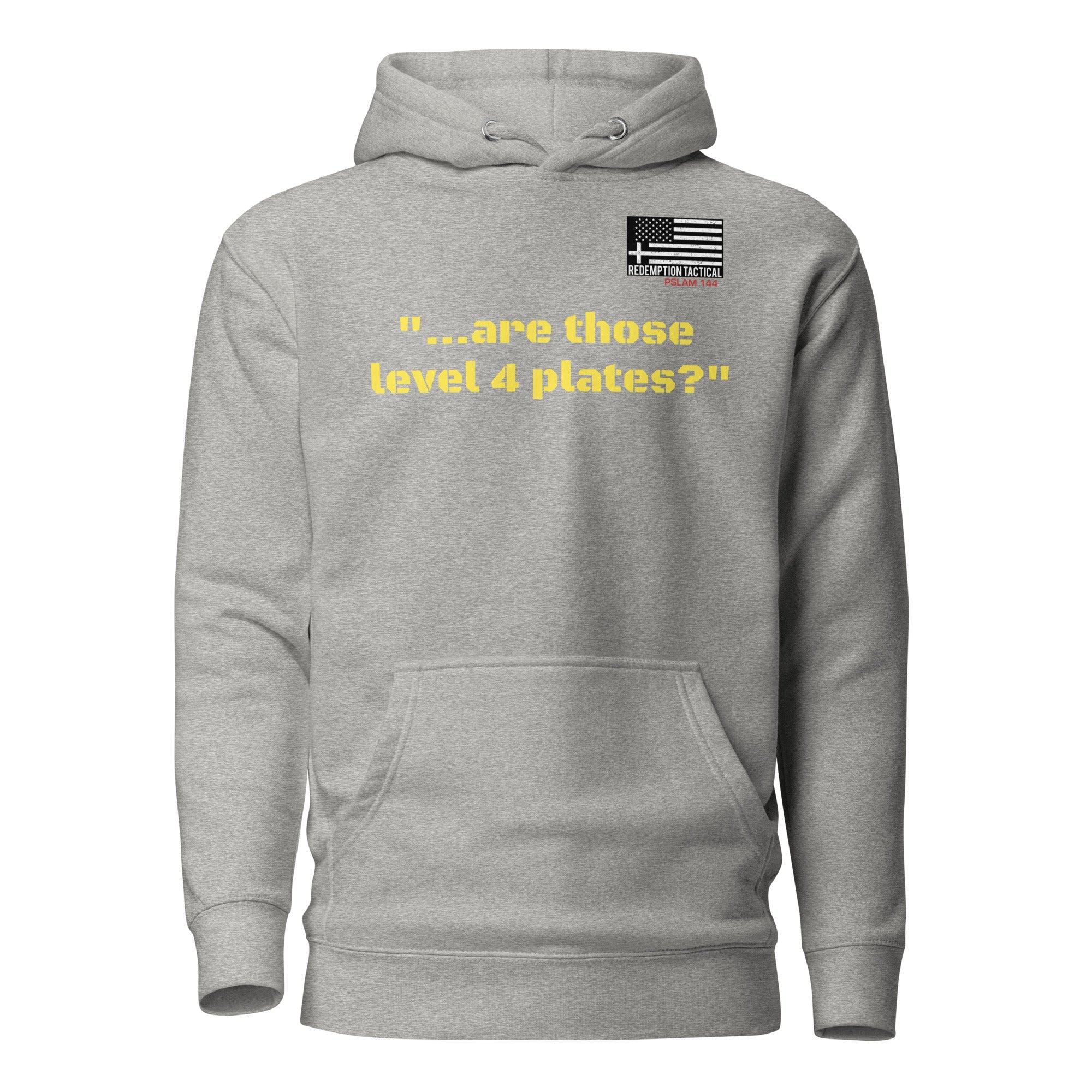 Redemption Tactical Level IV plates hoodie in carbon grey, unisex premium hoodie with front view and tactical style.