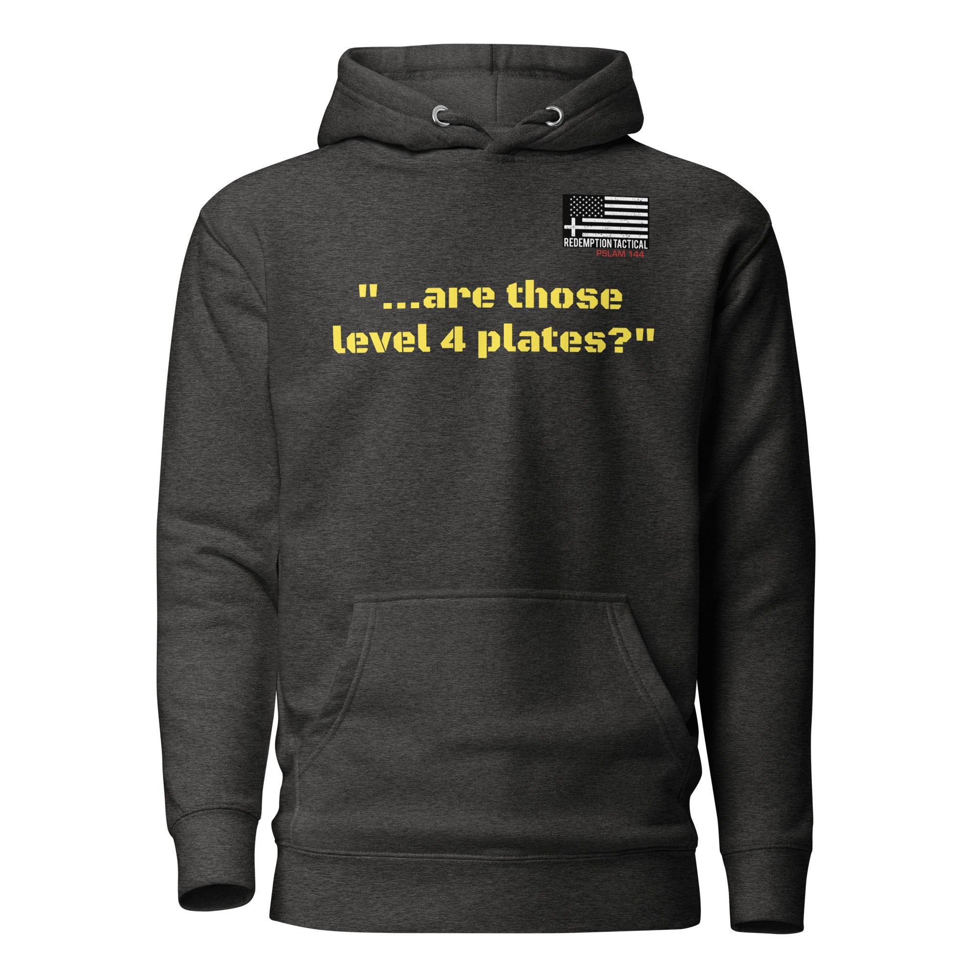Unisex charcoal heather hoodie featuring Level IV plates design by Redemption Tactical, front view with a casual fit.