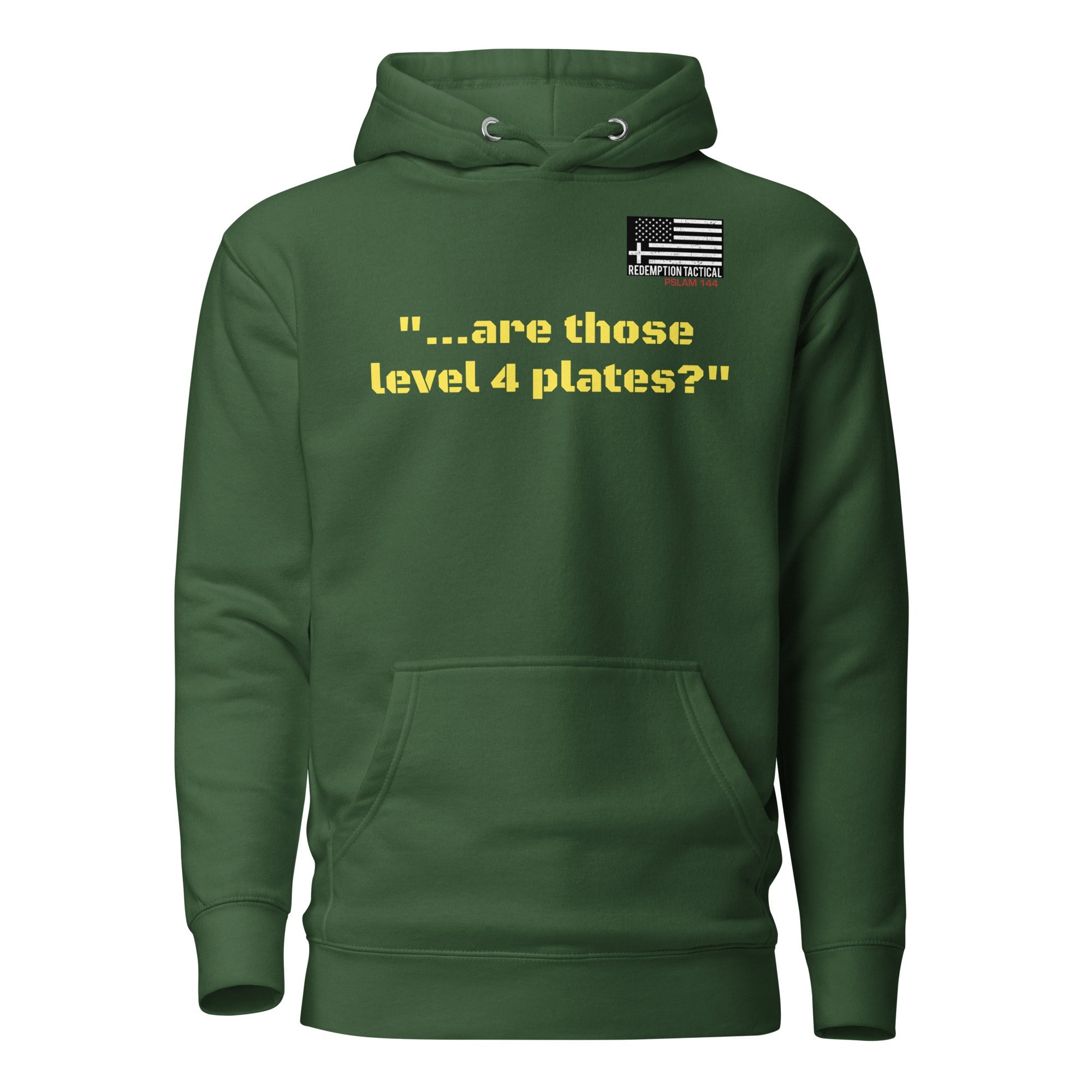 Forest green unisex hoodie by Redemption Tactical featuring a Level IV plates design on the front.