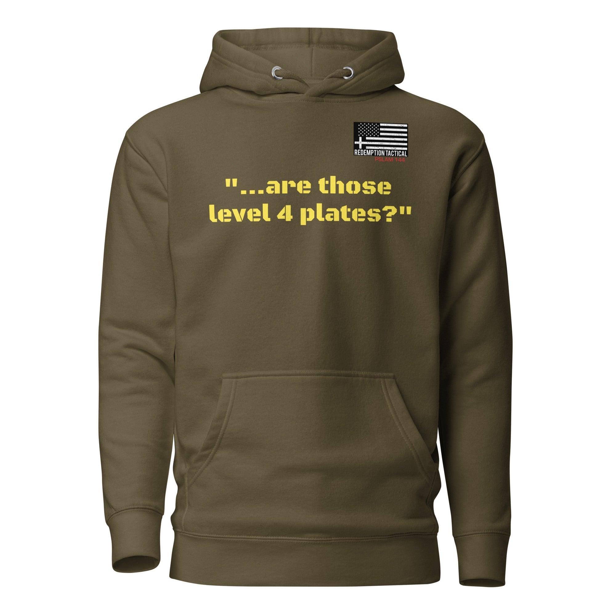 Unisex military green hoodie featuring Level IV plates design by Redemption Tactical, casual streetwear style.