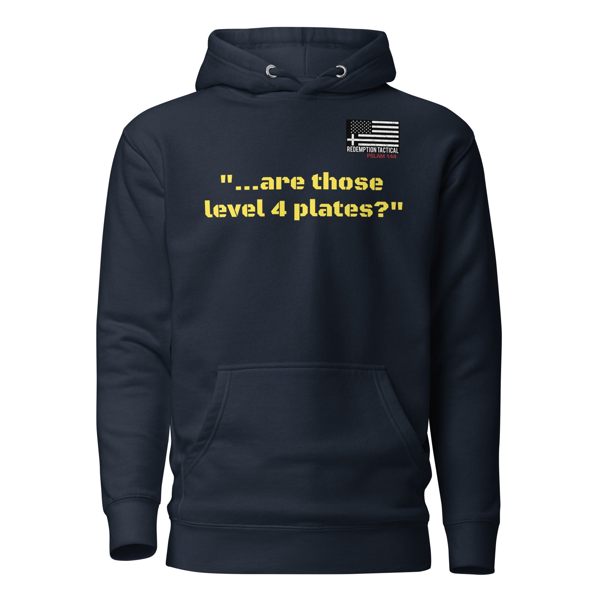 Unisex navy blazer hoodie featuring Level IV plates design from Redemption Tactical, front view with a casual, tactical style.