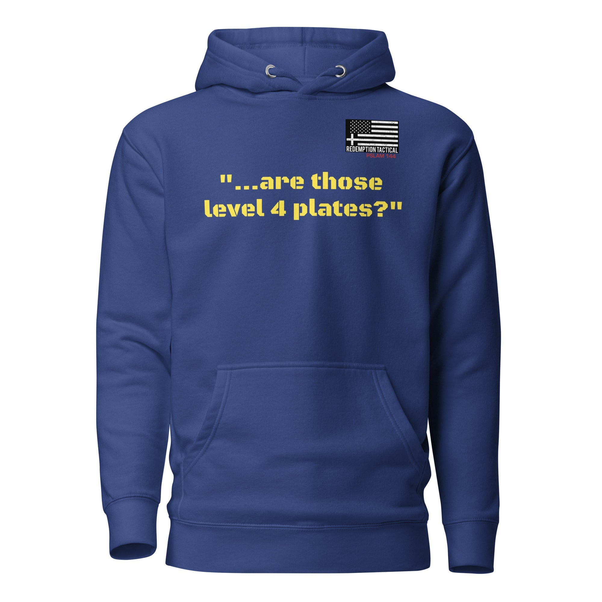 Redemption Tactical Level IV plates hoodie, unisex premium royal blue hoodie with front design, casual style and tactical branding.