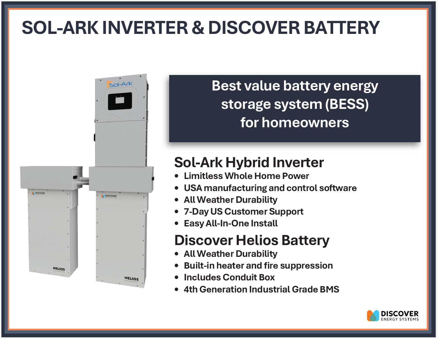Portable Sun LLC Sol-Ark 15K-2P solar kit with Discover Helios 16kWh battery for whole-home backup power system.