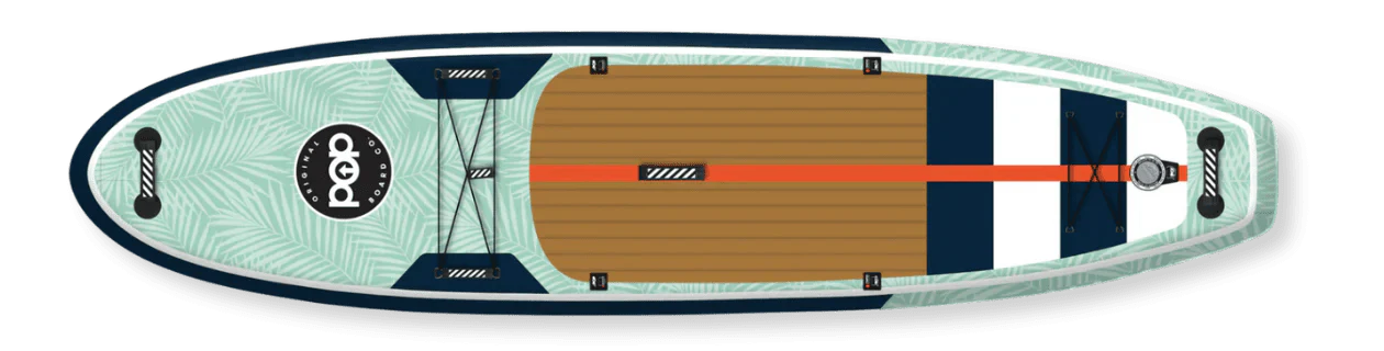 Backcountry Sportsman 11'0 Yacht Hopper paddleboard in mint, teak, and blue with textured deck and streamlined shape.